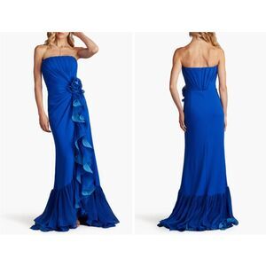 Tadashi Shoji Mystic Blue Leith Cascading Ruffle Strapless Gown Size Small